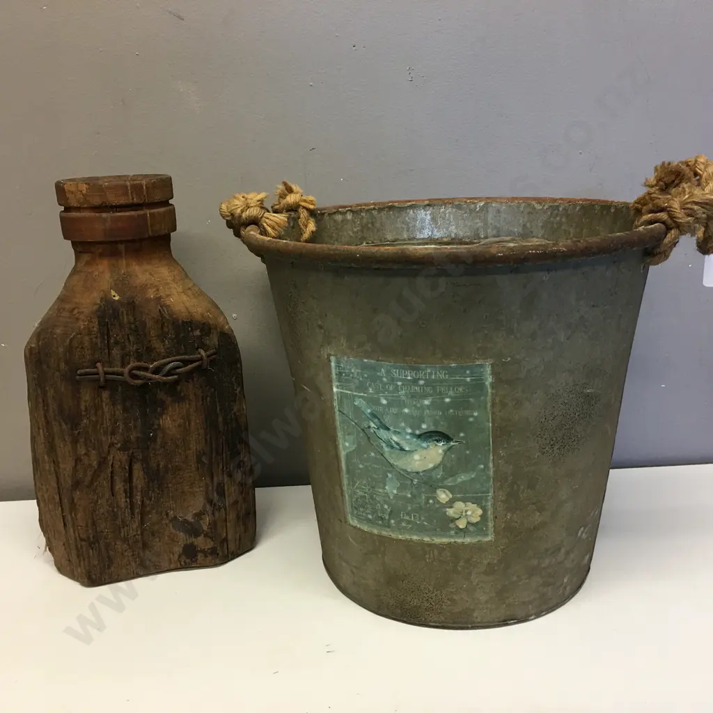 Rope Handled Bucket With Bird Motif & Decorative Rustic Vase  Image 1++
